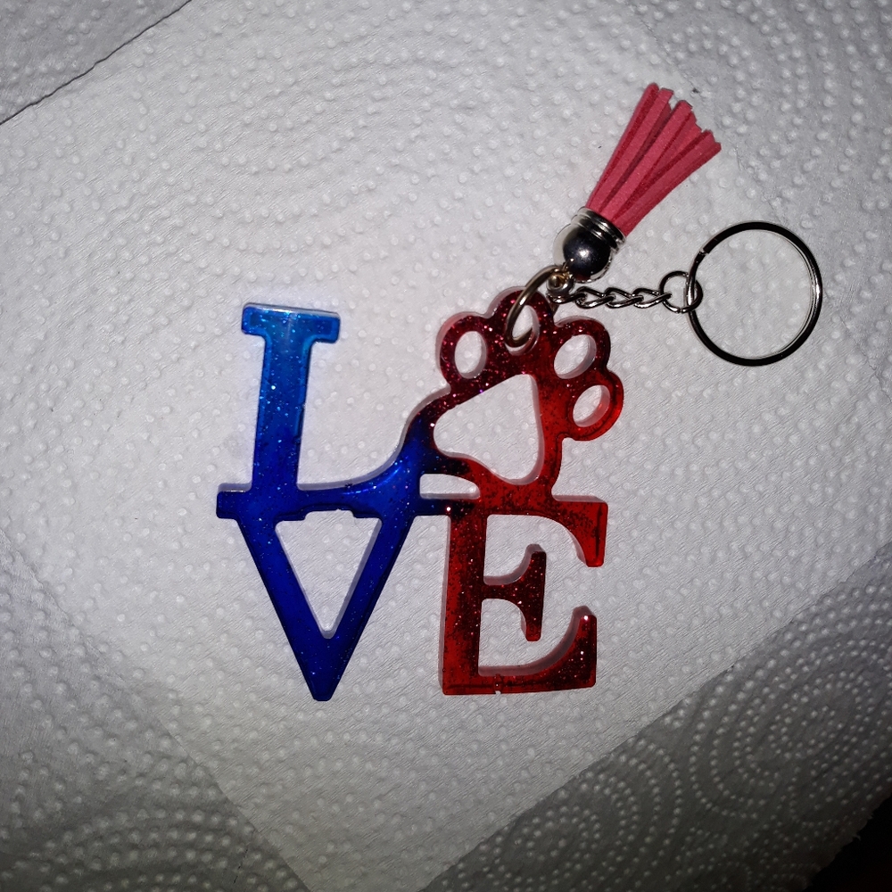 LOVE PET Paw Dog Cat Hand made Red Blue Acrylic Keychain NEW - Picture 5 of 5